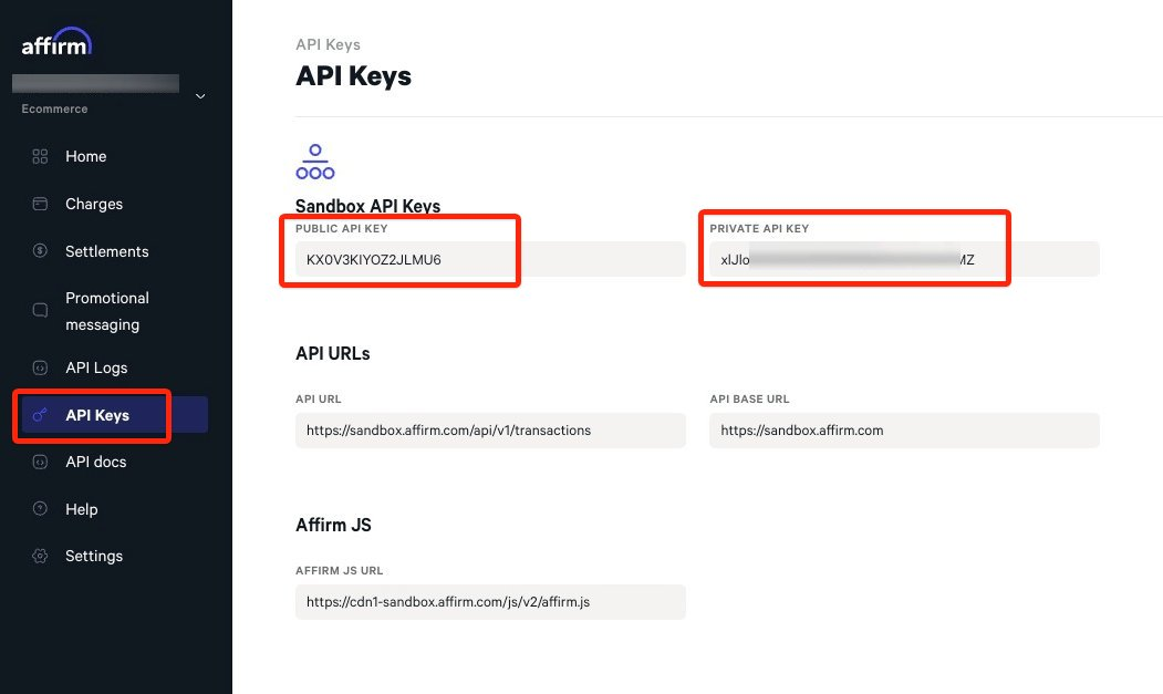 Affirm dashboard API Keys page showing the Public and Private API Keys