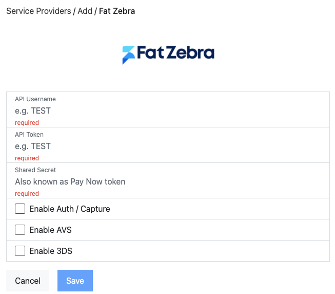Add Service Provider form with the Fat Zebra fields