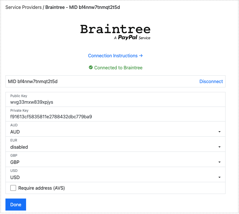 Connected to Braintree confirmation with currency merchant account mappings and AVS option