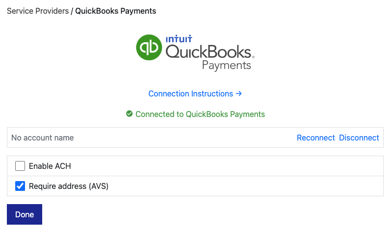 Connected to QuickBooks Payments confirmation