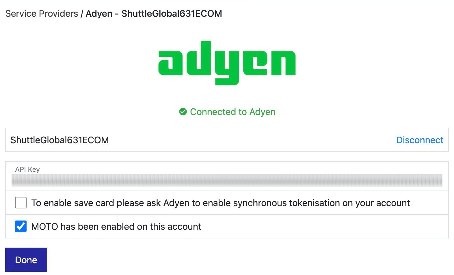 Adyen service provider screen showing Connected to Adyen with the API key, synchronous tokenisation, and MOTO options