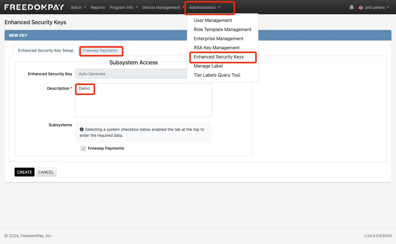 Enhanced Security Keys creation form with Freeway Payments selected