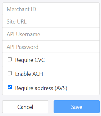 CardConnect gateway setup form in the platform
