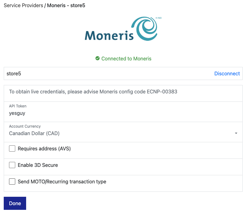 Connected to Moneris confirmation