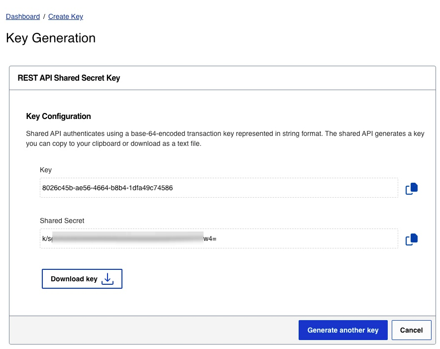 Key Generation screen showing the generated Key and Shared Secret with a Download key button