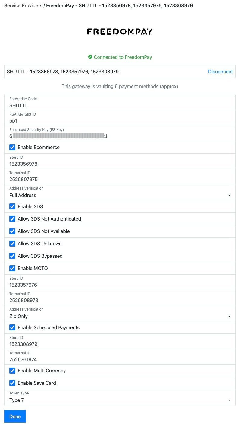 FreedomPay gateway connected, showing the green Connected to FreedomPay status