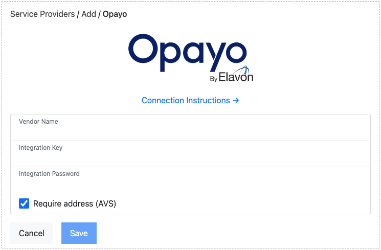 Add Opayo service provider form
