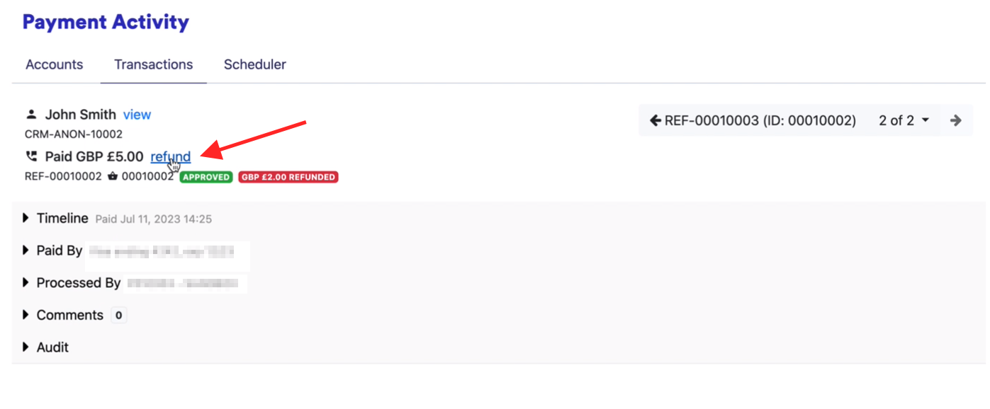 A payment’s details, with the refund link next to the amount