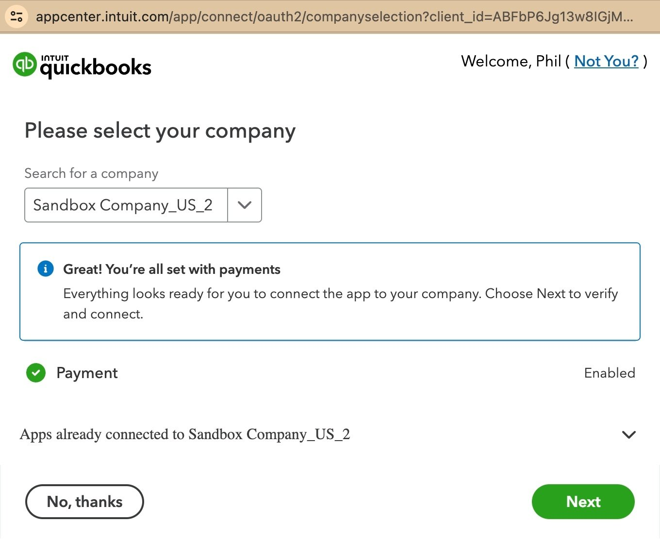 Company selected, payments enabled