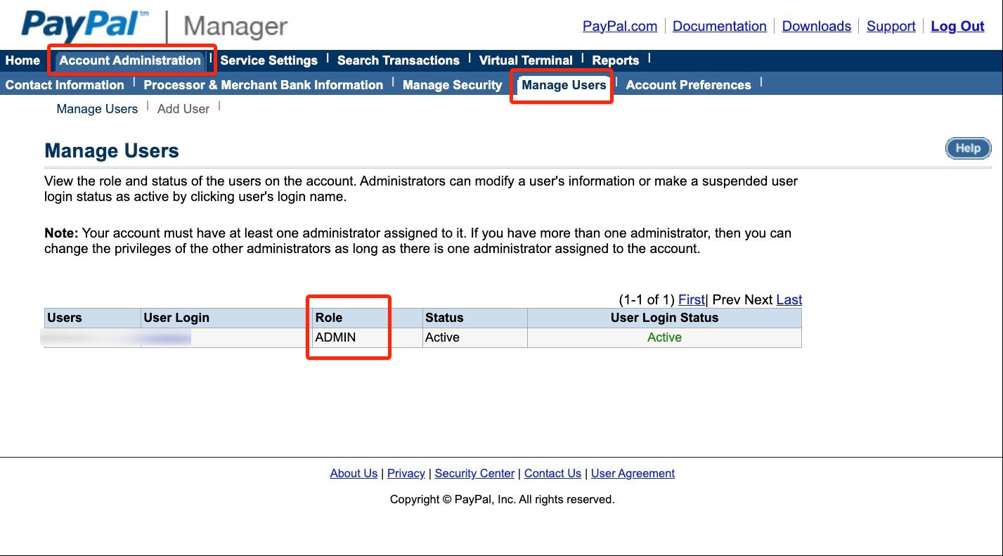 PayPal Manager - Manage Users showing a user with the ADMIN role