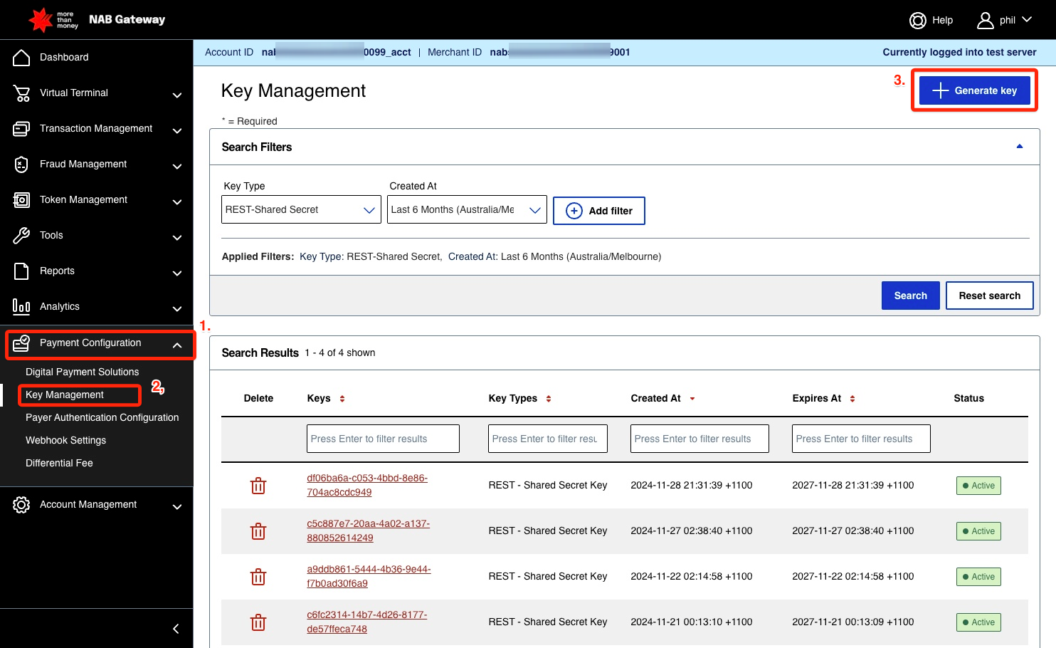 Cybersource Key Management screen with Payment Configuration, Key Management, and Generate key highlighted