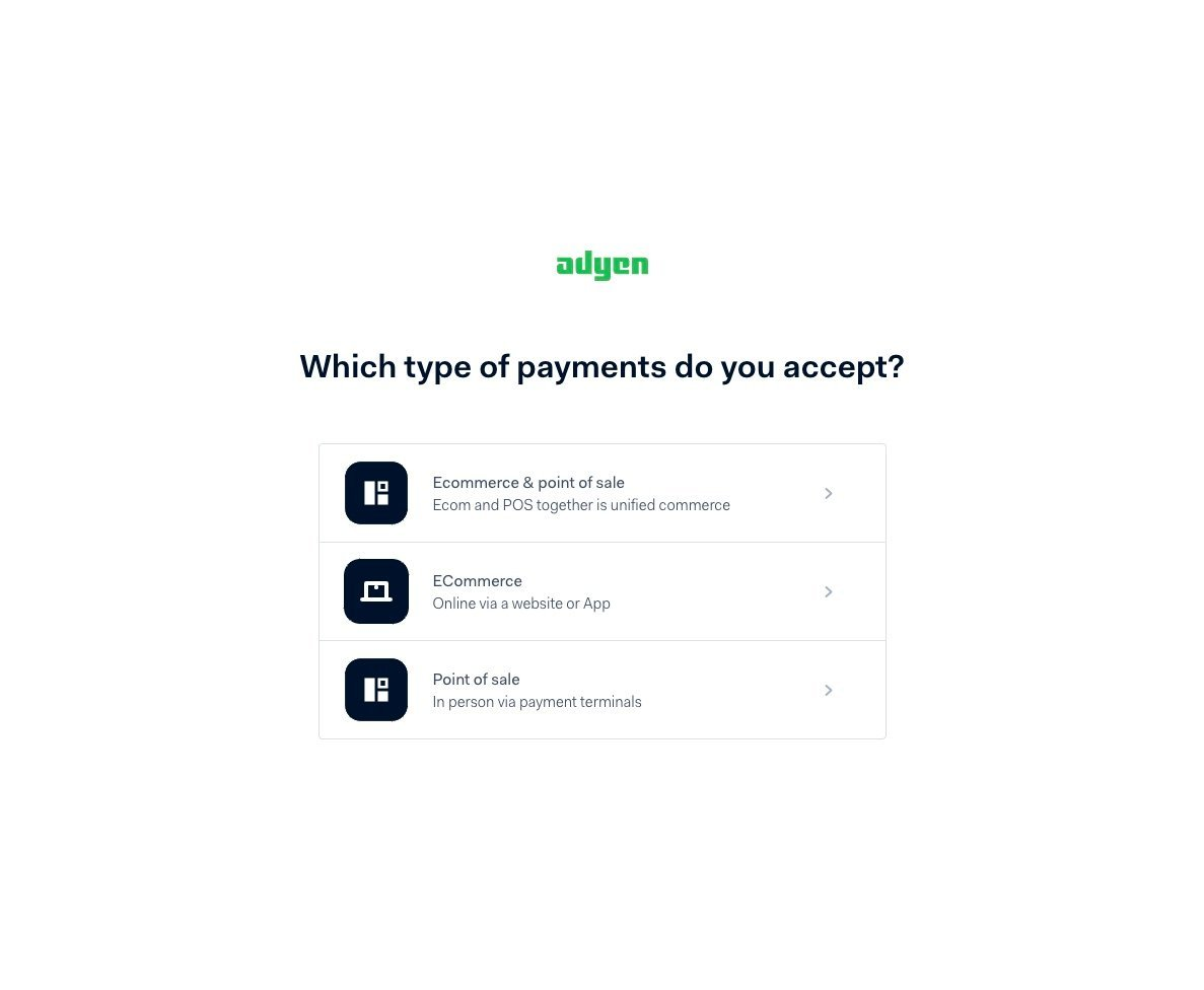 Payment type selection screen with Ecommerce and point of sale options
