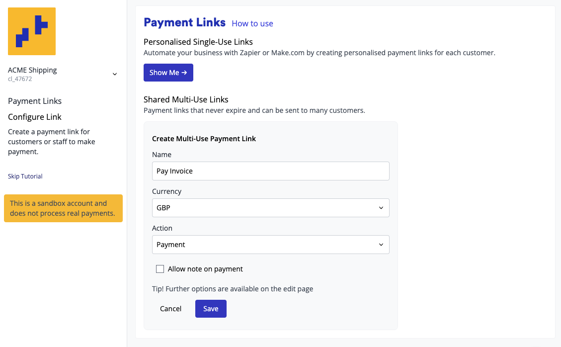 The Create Multi-Use Payment Link form