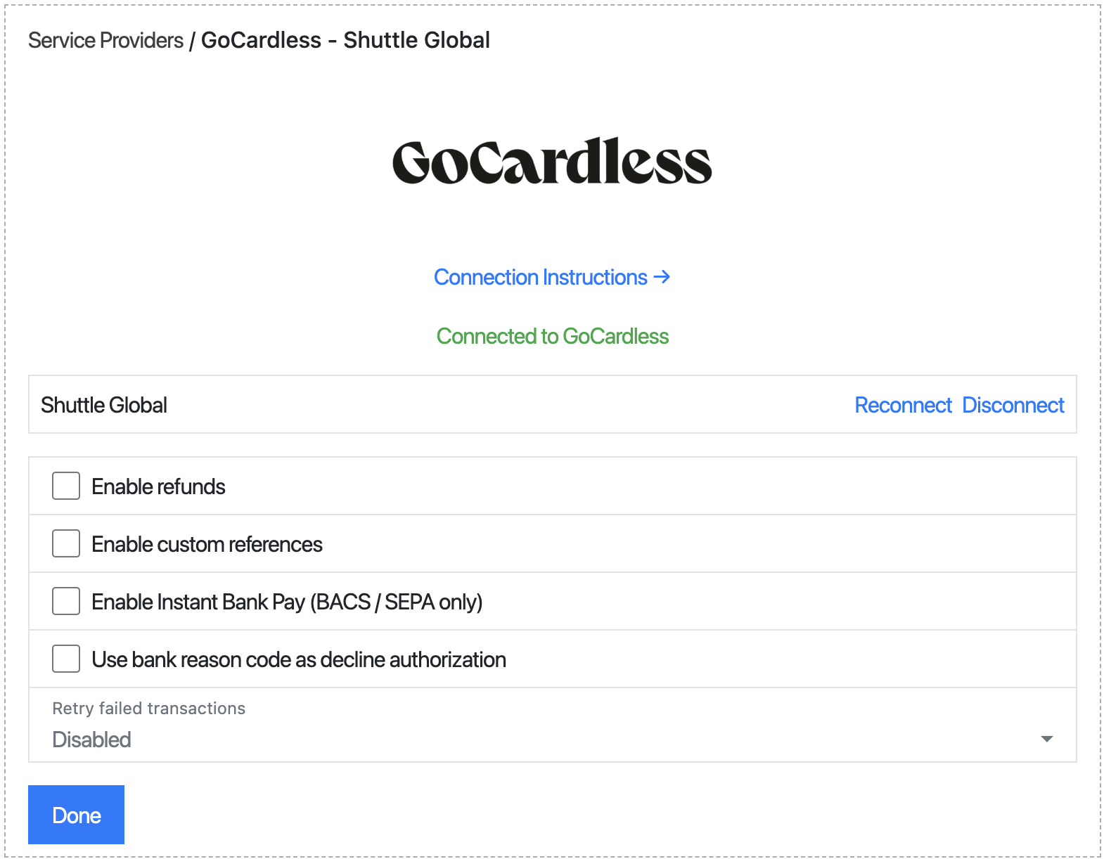 Connected to GoCardless configuration screen