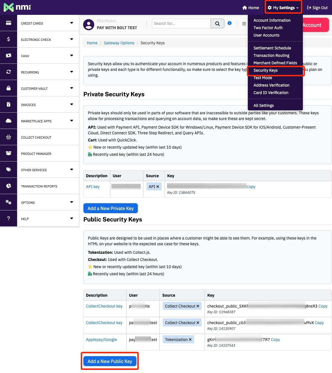 NMI Security Keys page with Add a New Public Key highlighted
