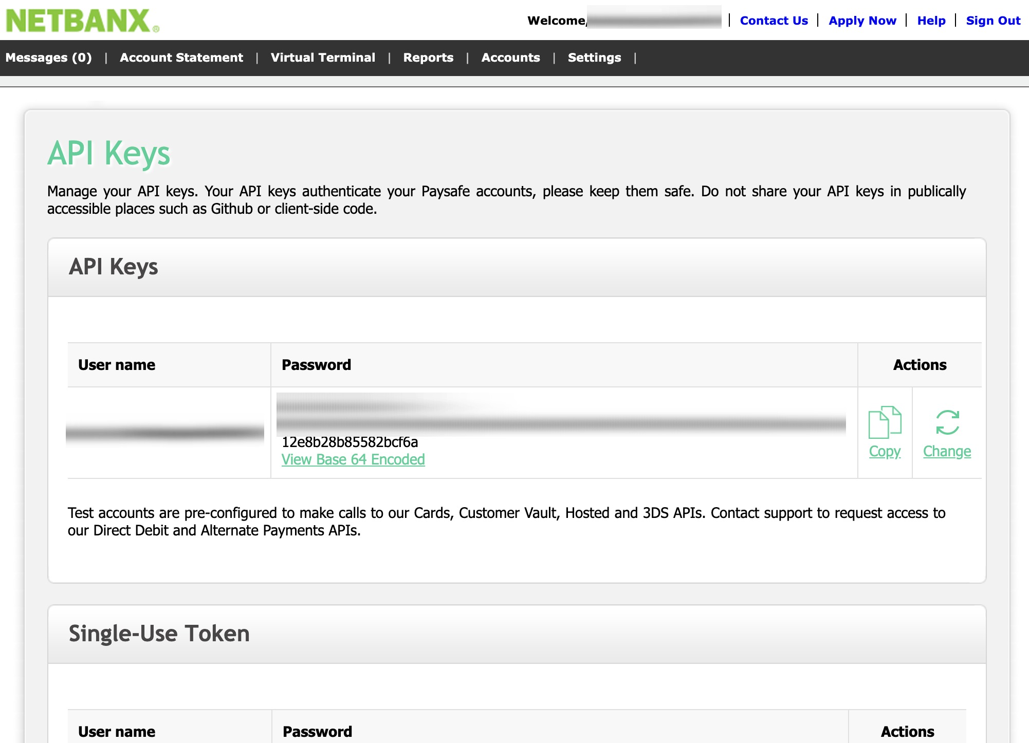 Paysafe Merchant Portal API Keys screen