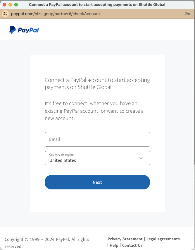 PayPal account login / sign-up screen