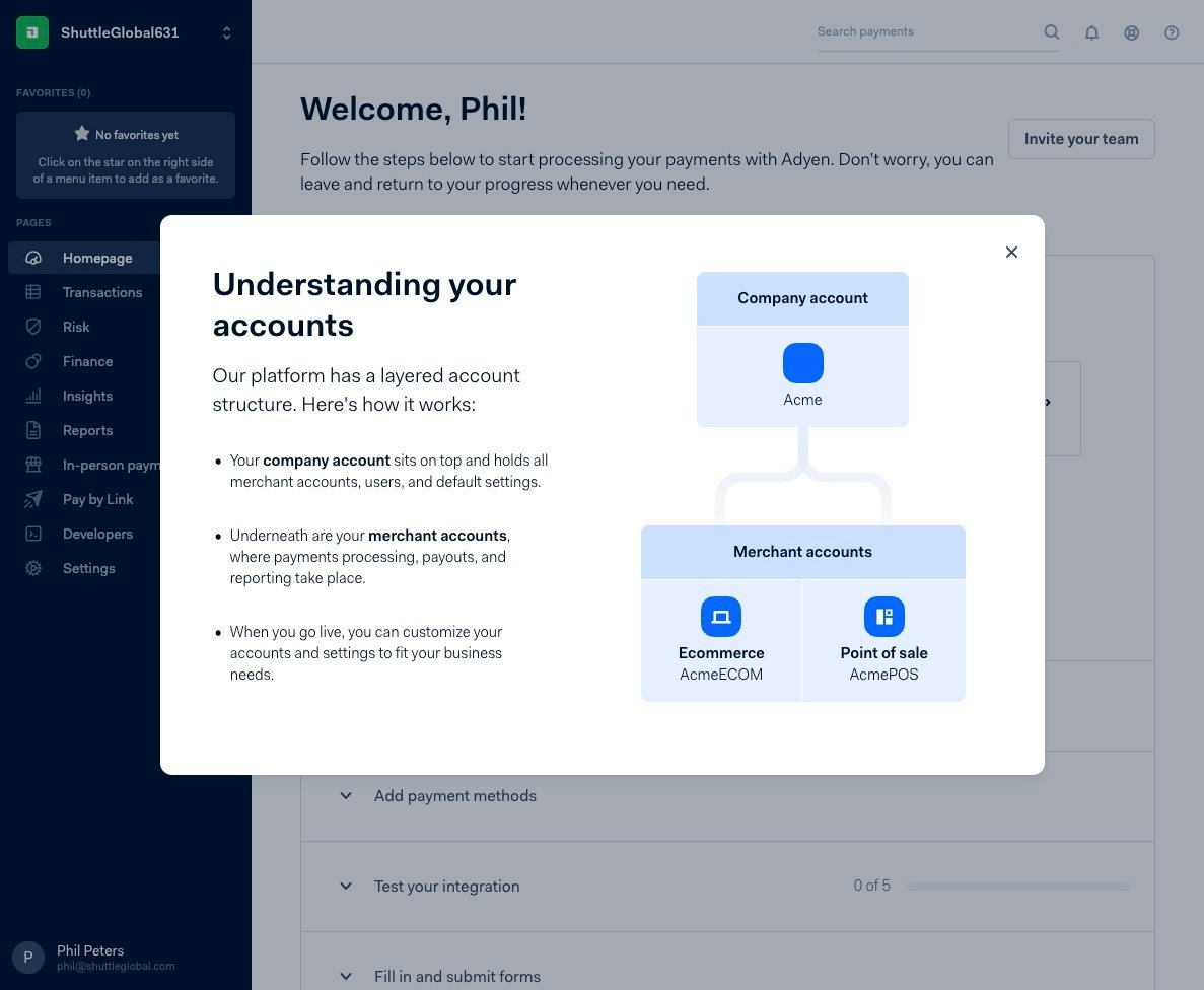 Understanding your accounts modal showing the company account to merchant accounts structure