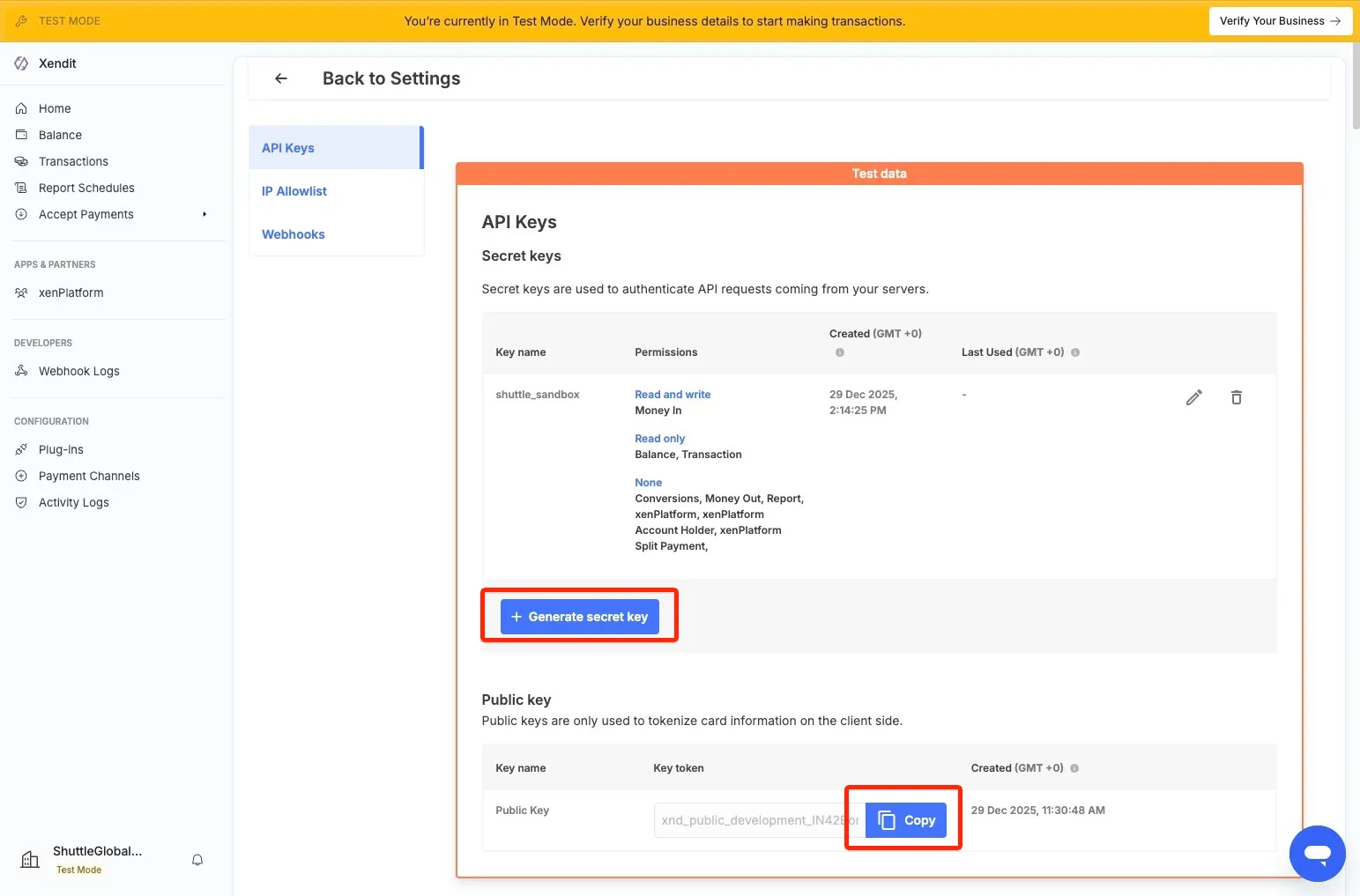 Xendit API Keys page showing the Secret Keys list