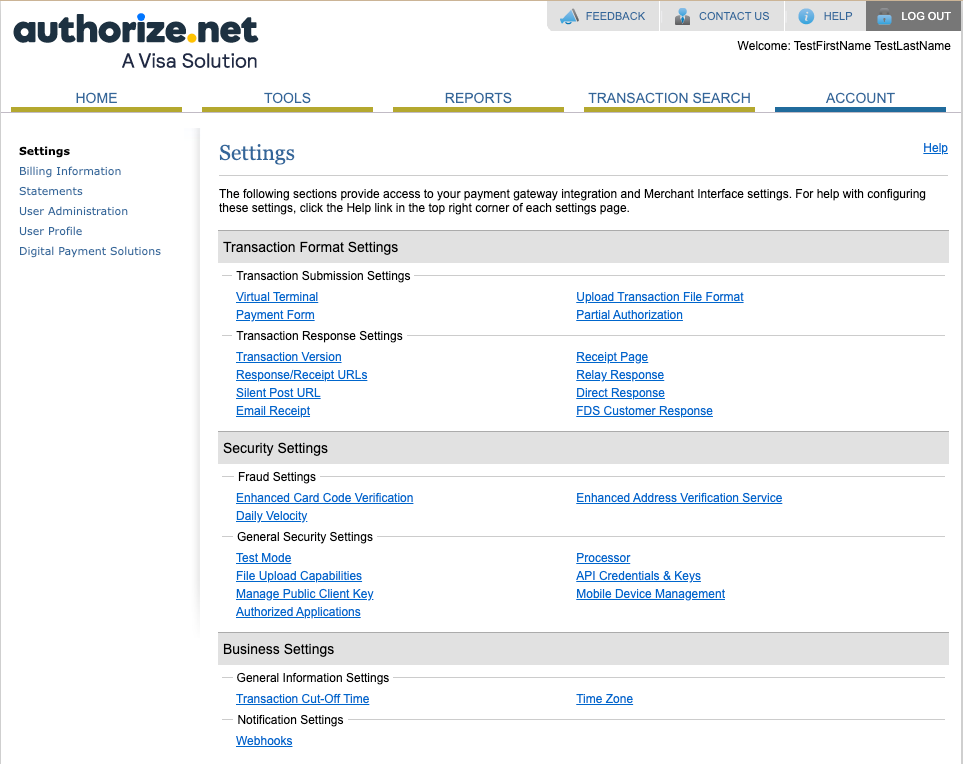 Authorize.Net Settings page