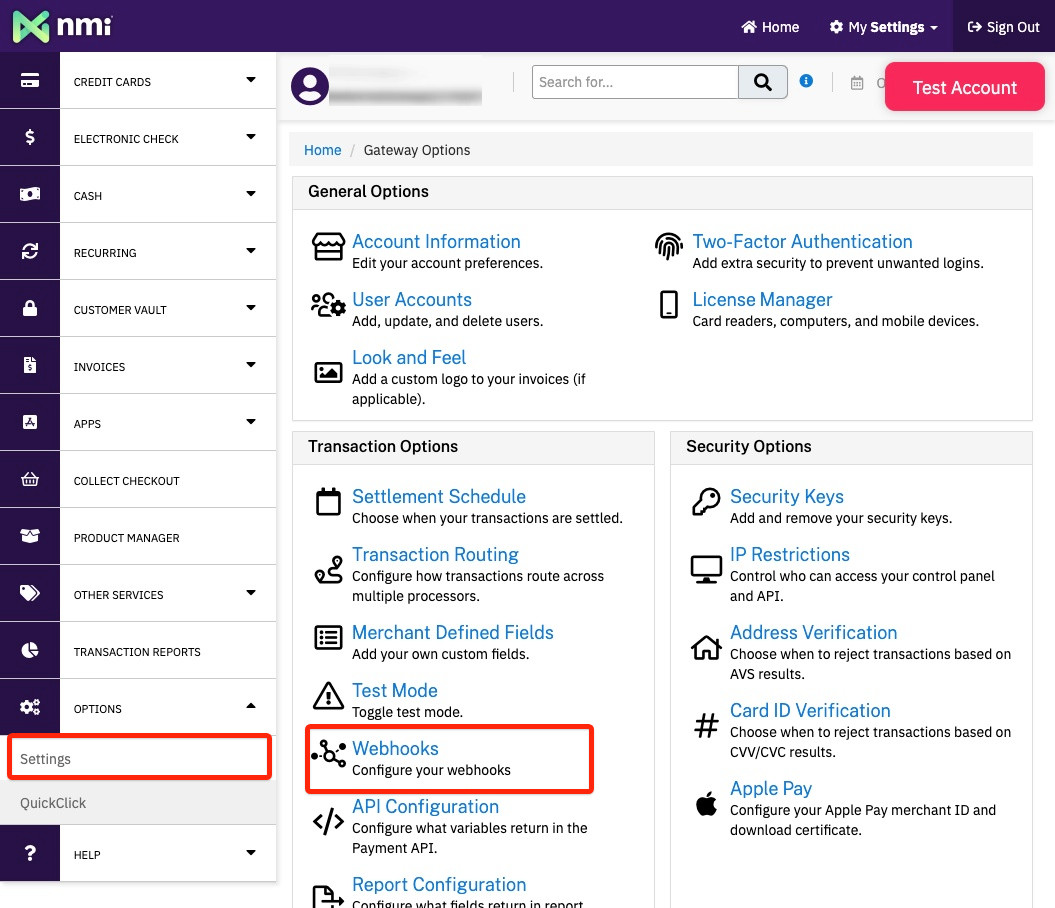 NMI Gateway Options overview with Webhooks highlighted